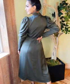 AX Paris Olive Gathered High Neck Split Midi Dress