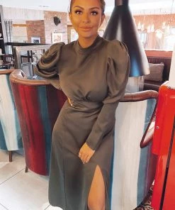 AX Paris Olive Gathered High Neck Split Midi Dress