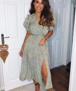 AX Paris Olive Printed Tie Waist Midi Dress Dresses