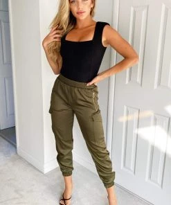 AX Paris Olive Silky Cargo Pants Trousers & Leggings
