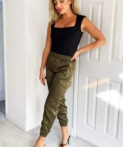 AX Paris Olive Silky Cargo Pants Trousers & Leggings