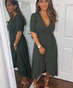 AX Paris Olive Wrap Side Tie Midi Dress