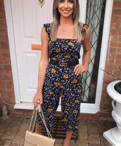 AX Paris Navy Mixed Floral Frill Sleeve Jumpsuit Jumpsuits And Playsuits