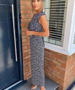 AX Paris Navy Floral Frill Front Jumpsuit Jumpsuits And Playsuits