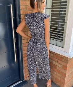 AX Paris Navy Floral Frill Front Jumpsuit Jumpsuits And Playsuits