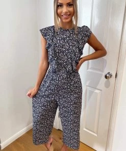 AX Paris Navy Floral Frill Front Jumpsuit Jumpsuits And Playsuits