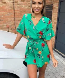 AX Paris Printed Green Playsuit