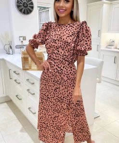 AX Paris Dresses Peach Printed Ruffle Split Leg Midi Dress