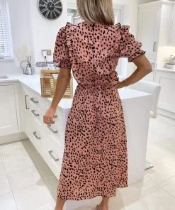 AX Paris Dresses Peach Printed Ruffle Split Leg Midi Dress