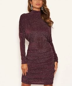 AX Paris Plum High Neck Ruched Sparkle Dress