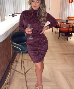 AX Paris Plum High Neck Ruched Sparkle Dress