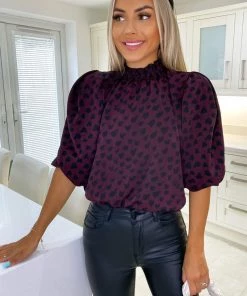 AX Paris Tops Plum Printed Elasticated Neck Top 7 AX Paris Tops Plum Printed Elasticated Neck Top