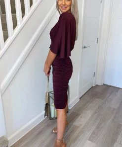 AX Paris Plum Ruched Cape Sleeve Midi Dress Dresses