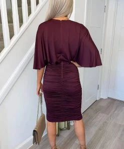 AX Paris Plum Ruched Cape Sleeve Midi Dress Dresses