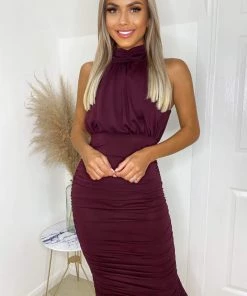 AX Paris Plum Ruched Halter Neck Midi Dress Dresses