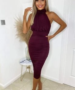 AX Paris Plum Ruched Halter Neck Midi Dress Dresses