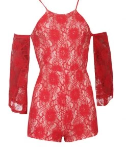 AX Paris Red Cut Out Shoulder Lace Contrast Playsuit
