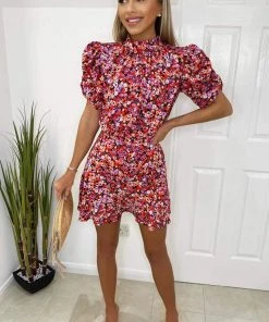 AX Paris Red Abstract Floral Puff Sleeve Skater Dress Dresses