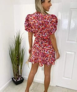 AX Paris Red Abstract Floral Puff Sleeve Skater Dress Dresses