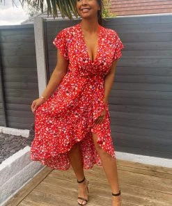 AX Paris Red Abstract Print Wrap Midi Dress Dresses