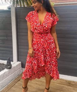 AX Paris Red Abstract Print Wrap Midi Dress Dresses