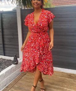 AX Paris Red Abstract Print Wrap Midi Dress Dresses