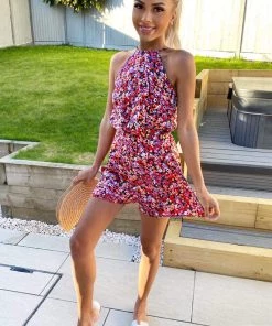 AX Paris Red Abstract Printed Playsuit Jumpsuits And Playsuits