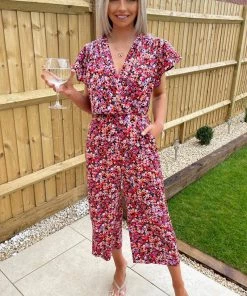 AX Paris Red Abstract Wrap Over Jumpsuit Jumpsuits And Playsuits