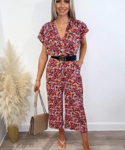 AX Paris Red Abstract Wrap Over Jumpsuit Jumpsuits And Playsuits