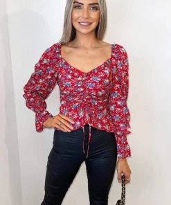 AX Paris Red And Blue Floral Elasticated Tie Crop Top Tops