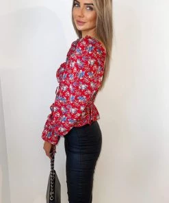 AX Paris Red And Blue Floral Elasticated Tie Crop Top Tops