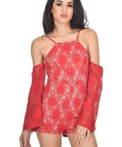 AX Paris Red Cut Out Shoulder Lace Contrast Playsuit