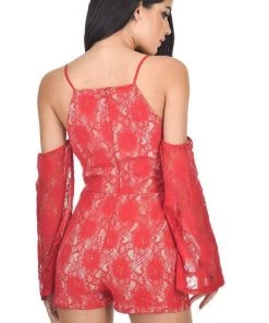 AX Paris Red Cut Out Shoulder Lace Contrast Playsuit