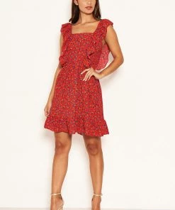 AX Paris Red Ditsy Floral Square Neck Frill Dress