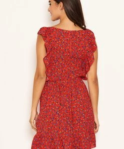AX Paris Red Ditsy Floral Square Neck Frill Dress