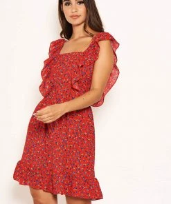 AX Paris Red Ditsy Floral Square Neck Frill Dress