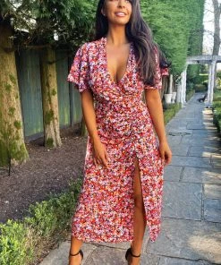 AX Paris Red Ditsy Print Wrap Midi Dress Dresses