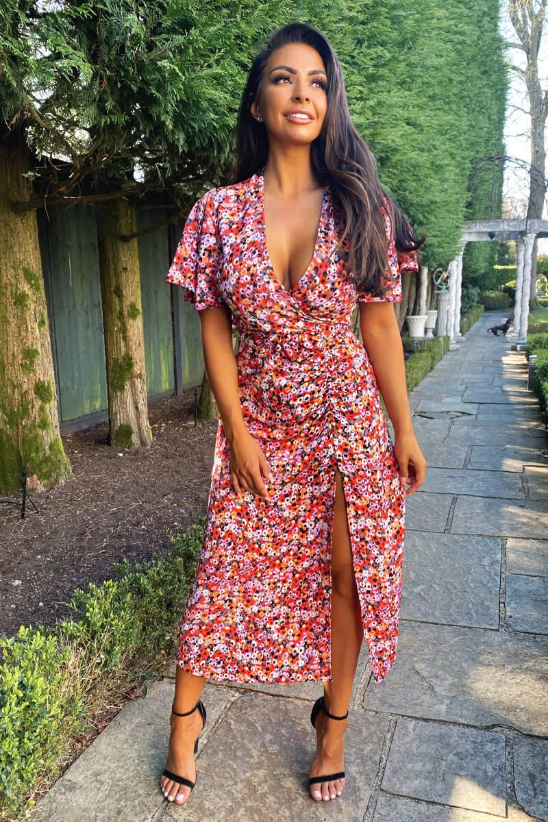 AX Paris Red Ditsy Print Wrap Midi Dress Dresses 2 AX Paris Red Ditsy Print Wrap Midi Dress Dresses