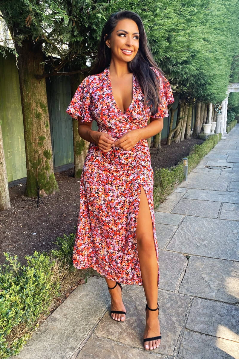 AX Paris Red Ditsy Print Wrap Midi Dress Dresses 3 AX Paris Red Ditsy Print Wrap Midi Dress Dresses