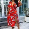 AX Paris Red Floral Print Bell Sleeve Midi Dress