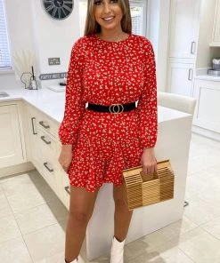 AX Paris Dresses Red Floral Print Pleat Dress