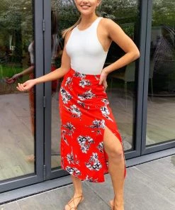 AX Paris Red Floral Printed Split Front Skirt Skirts & Shorts