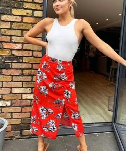 AX Paris Red Floral Printed Split Front Skirt Skirts & Shorts