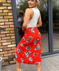 AX Paris Red Floral Printed Split Front Skirt Skirts & Shorts