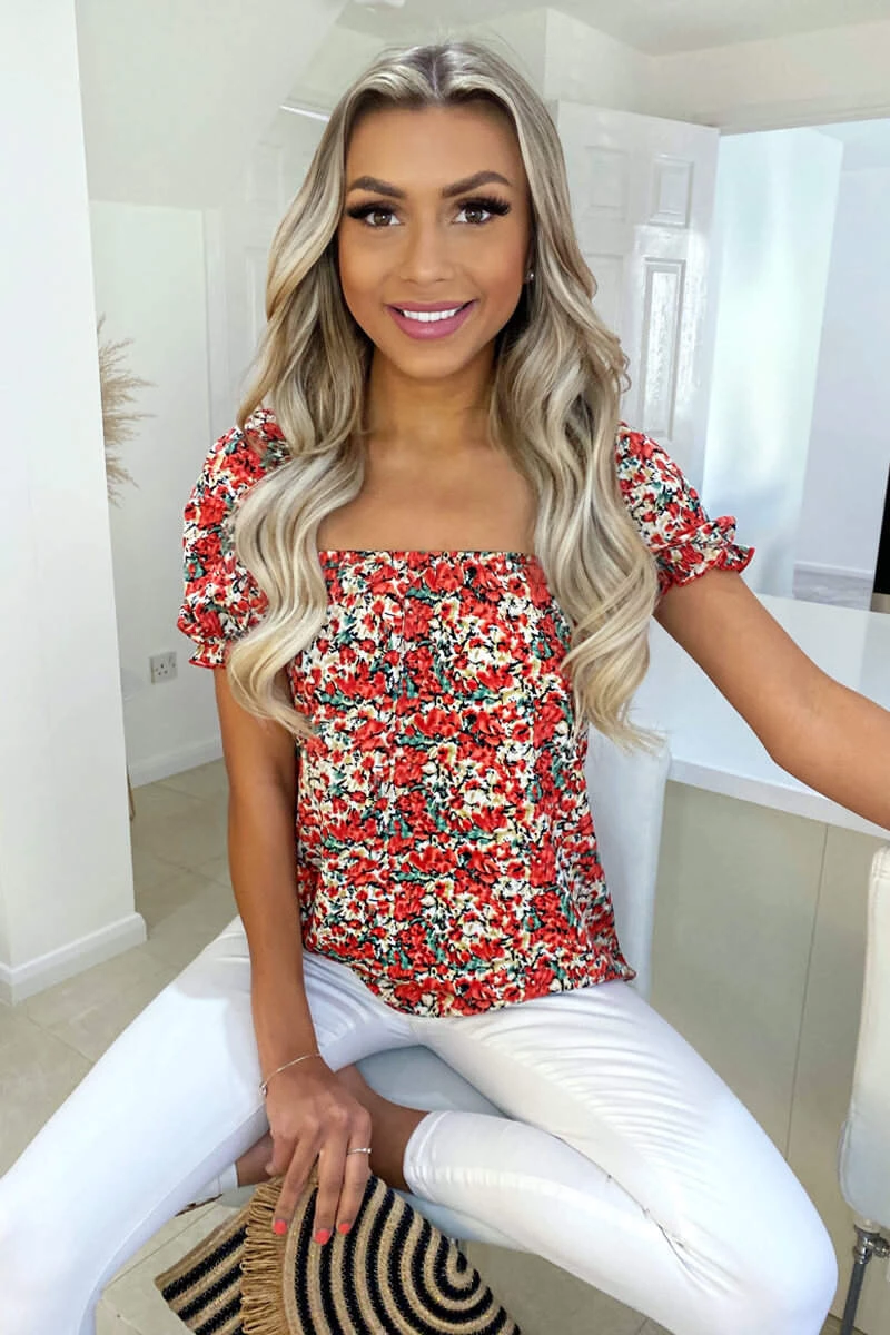 AX Paris Tops Red Floral Printed Square Neck Top 4 AX Paris Tops Red Floral Printed Square Neck Top
