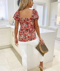 AX Paris Tops Red Floral Printed Square Neck Top 7 AX Paris Tops Red Floral Printed Square Neck Top