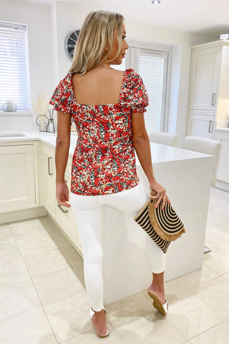 AX Paris Tops Red Floral Printed Square Neck Top 3 AX Paris Tops Red Floral Printed Square Neck Top