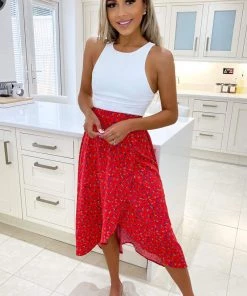 AX Paris Red Floral Printed Wrap Over Skirt