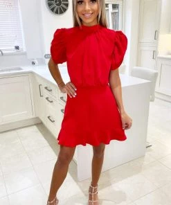 AX Paris Red High Neck Puff Sleeve Skater Dress Dresses