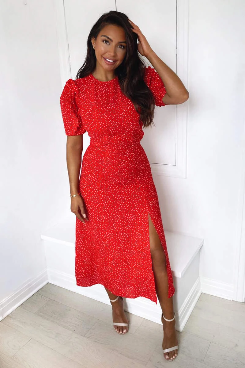 AX Paris Red Polka Dot Frill Sleeve Midi Dress Dresses 1 AX Paris Red Polka Dot Frill Sleeve Midi Dress Dresses